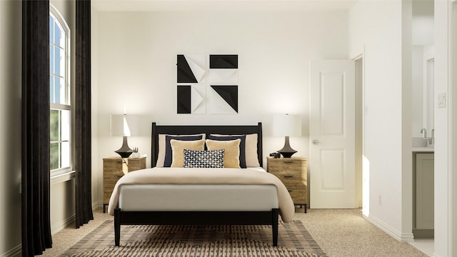 bedroom with multiple windows, light colored carpet, and baseboards