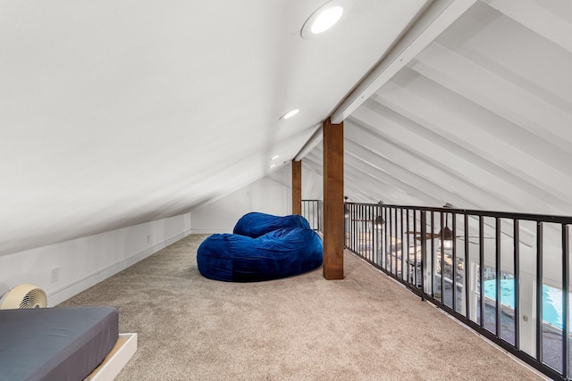 bonus room with lofted ceiling with beams, recessed lighting, and carpet flooring