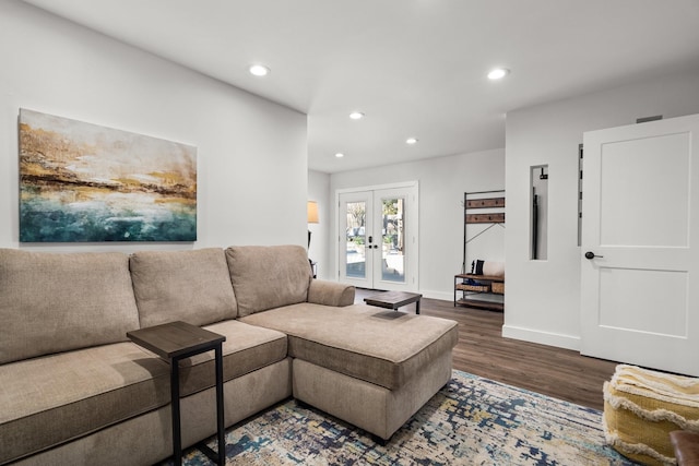 living room with wood finished floors, recessed lighting, french doors, and baseboards