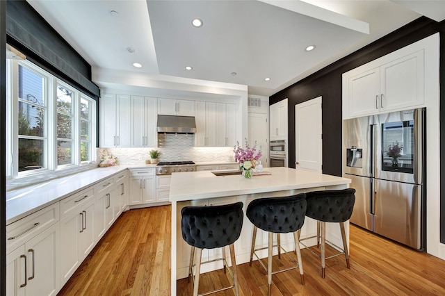 kitchen featuring light wood-type flooring, a center island with sink, under cabinet range hood, white cabinetry, and appliances with stainless steel finishes