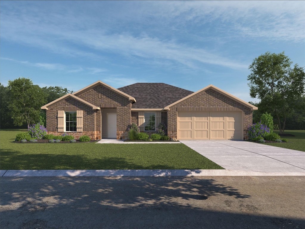 ranch-style house featuring driveway, a front lawn, roof with shingles, a garage, and brick siding