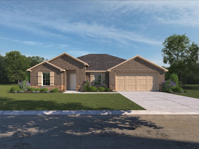 ranch-style house featuring driveway, a front lawn, roof with shingles, a garage, and brick siding