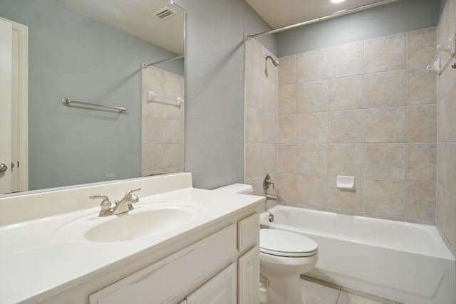 full bathroom with tile patterned flooring, visible vents, toilet, shower / bathing tub combination, and vanity