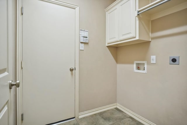 clothes washing area with washer hookup, cabinet space, tile patterned flooring, baseboards, and hookup for an electric dryer