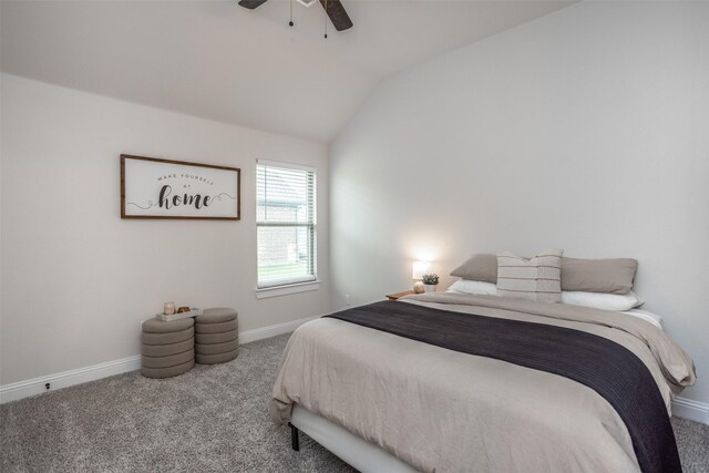 bedroom with vaulted ceiling, a ceiling fan, baseboards, and carpet floors