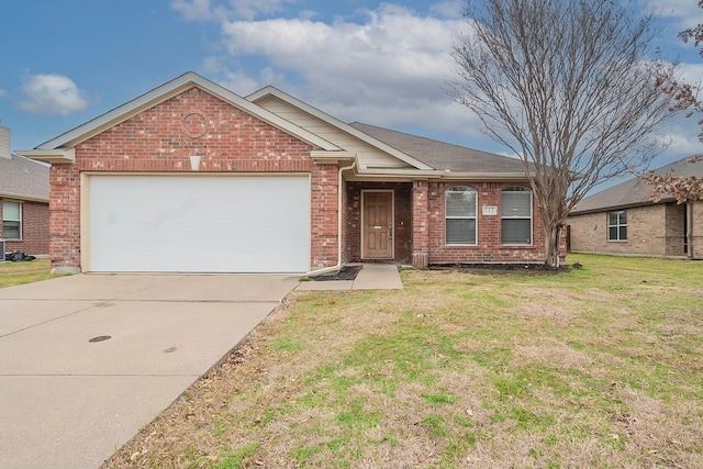 ranch-style house with brick siding, concrete driveway, a front lawn, and a garage