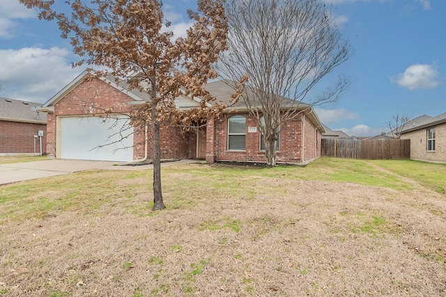 ranch-style house with fence, driveway, a front lawn, a garage, and brick siding