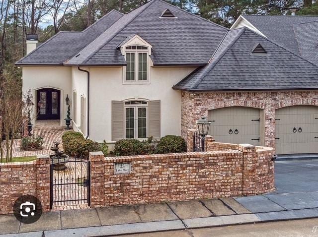 french country inspired facade with stucco siding, french doors, a garage, driveway, and a gate