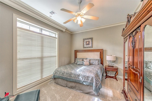 bedroom with visible vents, baseboards, ceiling fan, and crown molding