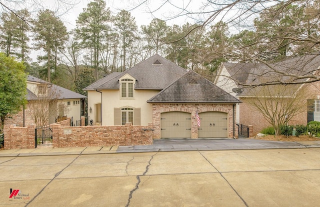 french country style house with an attached garage, roof with shingles, stucco siding, driveway, and a gate