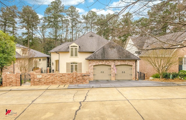 french country home featuring an attached garage, roof with shingles, stucco siding, driveway, and a gate