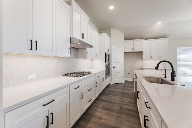 kitchen featuring under cabinet range hood, dark wood finished floors, appliances with stainless steel finishes, white cabinetry, and a sink