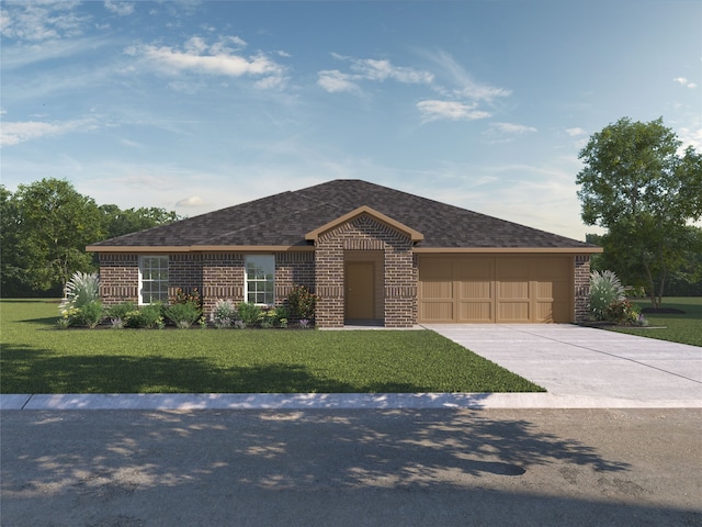 single story home featuring brick siding, concrete driveway, a front yard, roof with shingles, and an attached garage