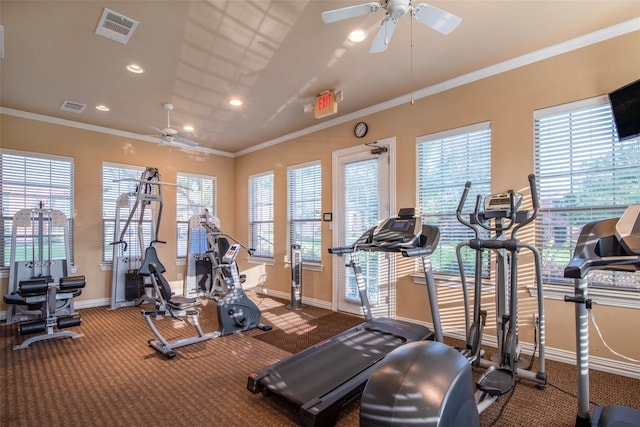 exercise room featuring visible vents and ornamental molding