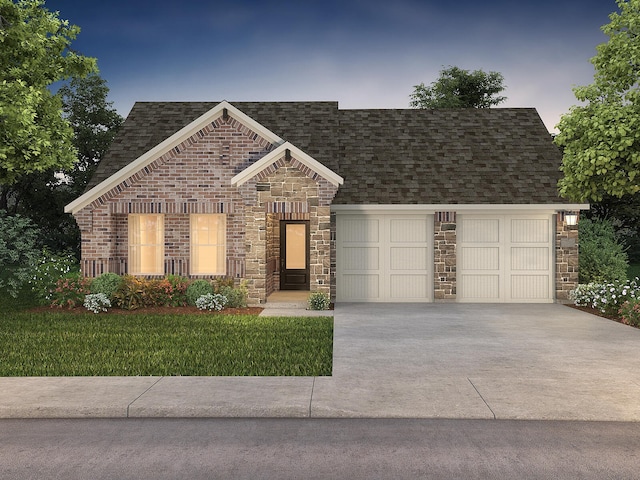 view of front of property featuring stone siding, driveway, an attached garage, and roof with shingles