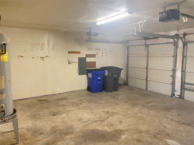 garage with electric panel, a garage door opener, and water heater