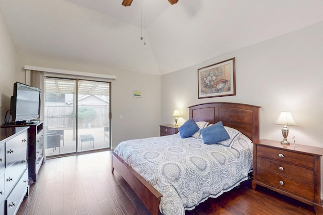 bedroom featuring access to exterior, a ceiling fan, dark wood-style flooring, and lofted ceiling