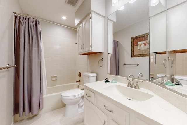 bathroom featuring vanity, visible vents, shower / bath combo, tile patterned flooring, and toilet