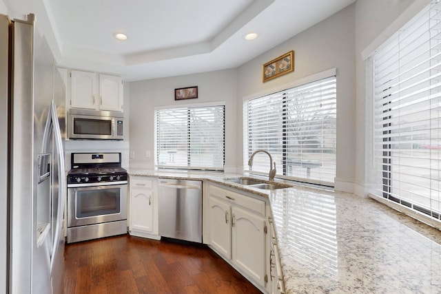 kitchen featuring a sink, a tray ceiling, white cabinets, and stainless steel appliances