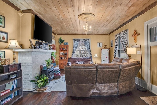 living room featuring wood finished floors, a notable chandelier, and wooden ceiling