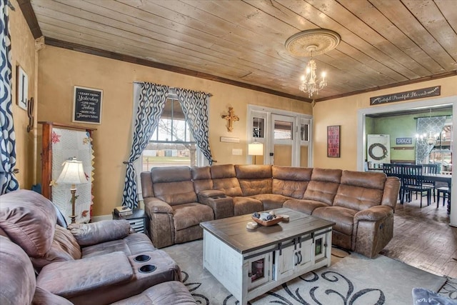 living area featuring light wood-style flooring, a notable chandelier, wood ceiling, and ornamental molding