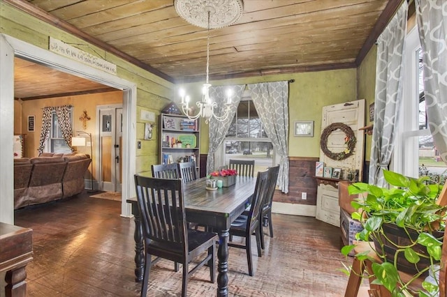 dining area with hardwood / wood-style floors, a wainscoted wall, wood walls, wooden ceiling, and a notable chandelier