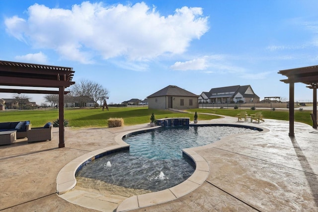 outdoor pool with a lawn, a pergola, and a patio