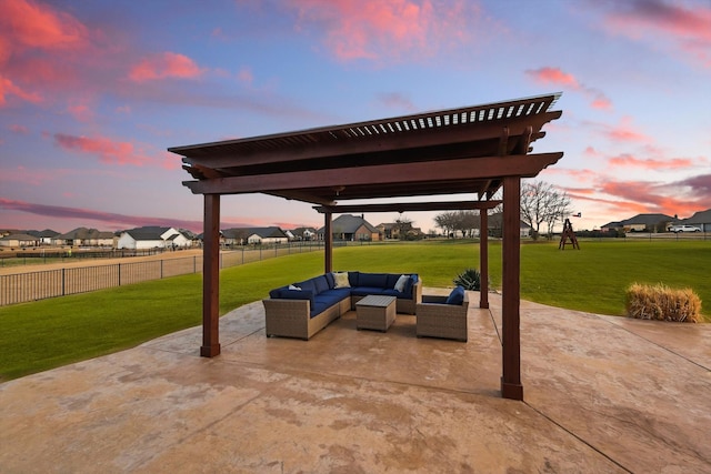 view of patio / terrace with an outdoor living space, fence, a residential view, and a pergola