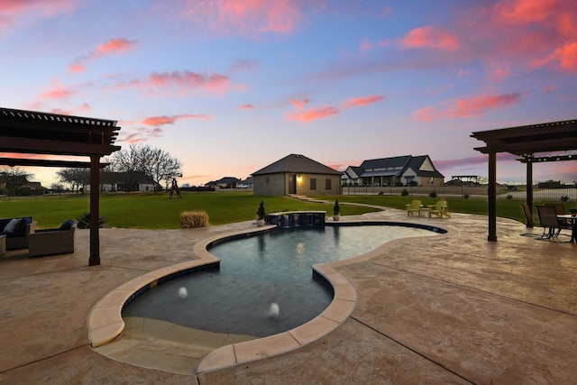 outdoor pool featuring a patio, a pergola, and a yard