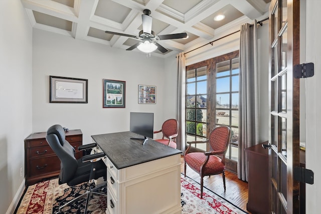 office with beam ceiling, coffered ceiling, and wood finished floors