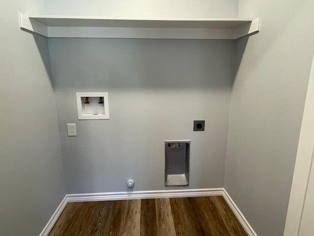 laundry room with baseboards, hookup for an electric dryer, washer hookup, and wood finished floors