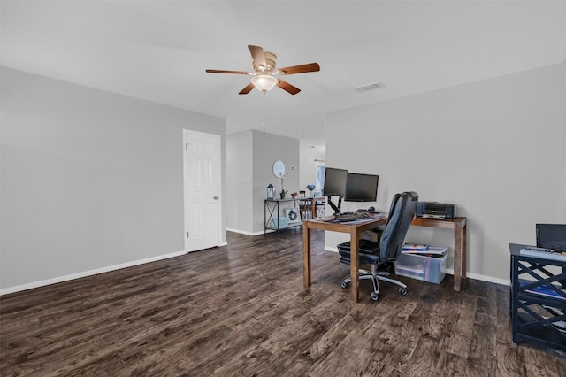 home office with ceiling fan, baseboards, wood finished floors, and visible vents