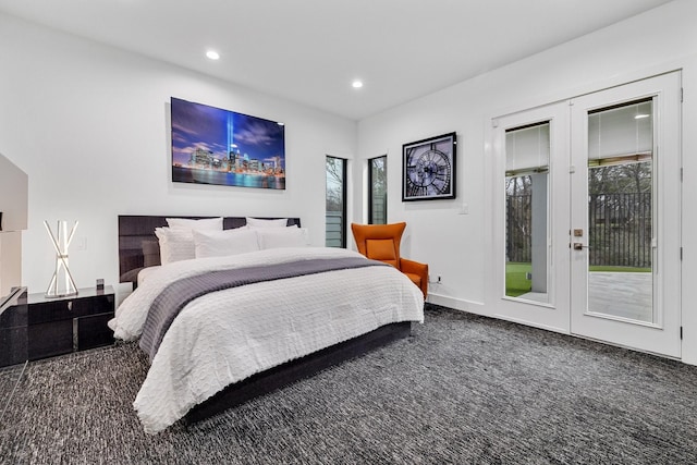 carpeted bedroom featuring recessed lighting, french doors, baseboards, and access to outside