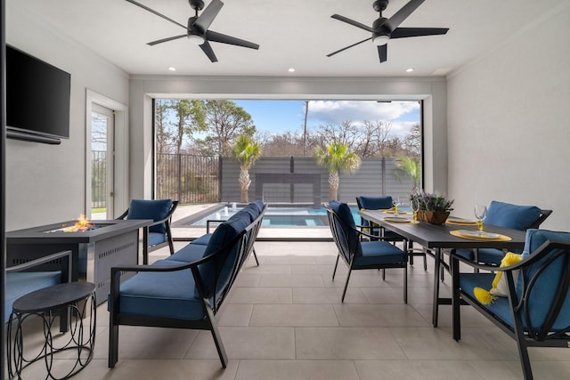 interior space with radiator and ceiling fan