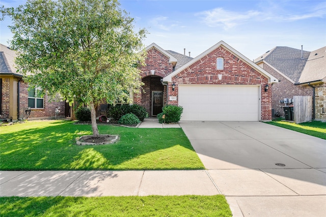 view of front of property with a shingled roof, concrete driveway, a front yard, an attached garage, and brick siding