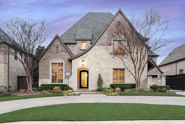 view of front facade with a gate, fence, a shingled roof, a lawn, and brick siding