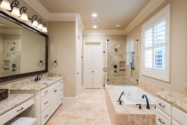 bathroom with crown molding, a jetted tub, visible vents, and a shower stall