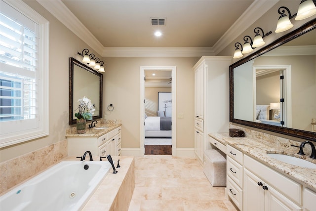 bathroom with a sink, connected bathroom, two vanities, and crown molding