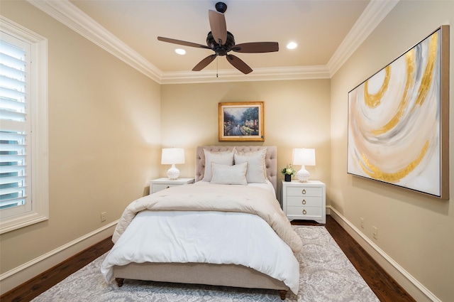 bedroom featuring wood finished floors, baseboards, ornamental molding, and recessed lighting