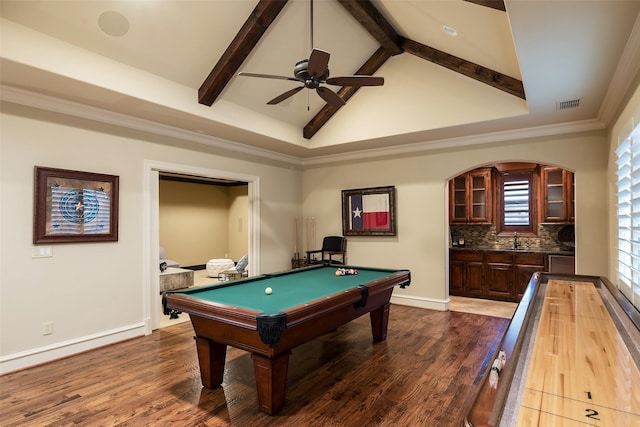 game room with vaulted ceiling with beams, dark wood-style floors, visible vents, and a sink