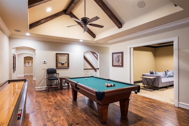 recreation room featuring billiards, wood finished floors, visible vents, beam ceiling, and arched walkways