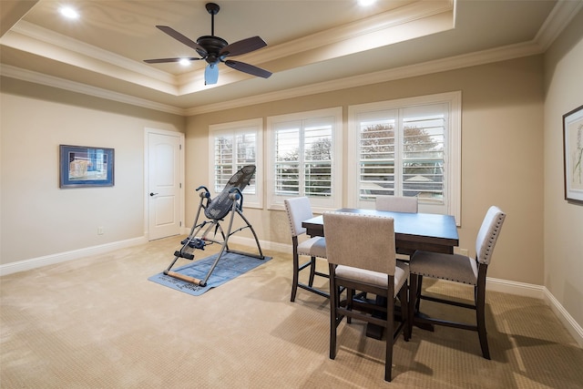 workout area with light colored carpet, a raised ceiling, baseboards, and ornamental molding