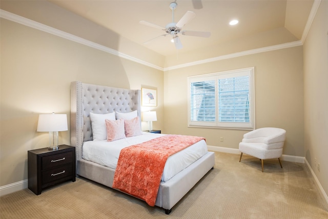 bedroom with light carpet, a ceiling fan, crown molding, and baseboards