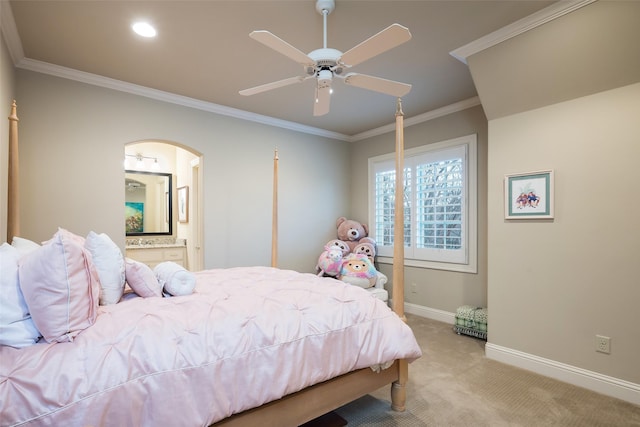 carpeted bedroom featuring ornamental molding, a ceiling fan, recessed lighting, connected bathroom, and baseboards