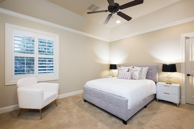 bedroom with visible vents, light carpet, and baseboards