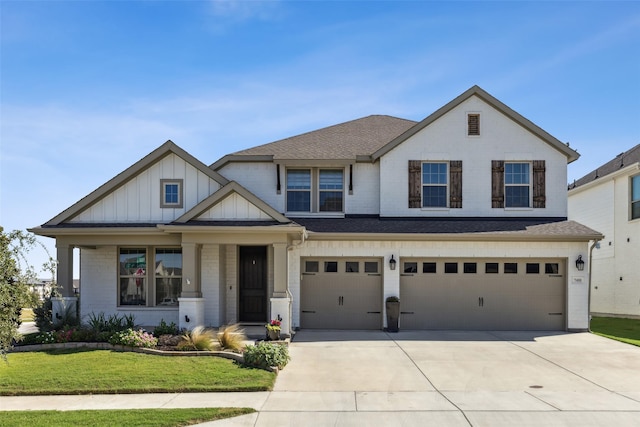 view of front of home featuring board and batten siding, concrete driveway, an attached garage, a shingled roof, and brick siding