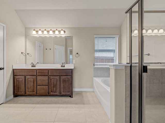 bathroom with a bath, tile patterned flooring, a shower stall, and double vanity