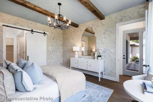 1409 Roundwash Way, Midlothian, TX 76065 - bedroom featuring wood finished floors, beam ceiling, a chandelier, wallpapered walls, and baseboards