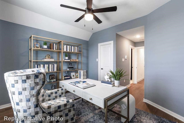 1409 Roundwash Way, Midlothian, TX 76065 - office area featuring ceiling fan, wood finished floors, and baseboards