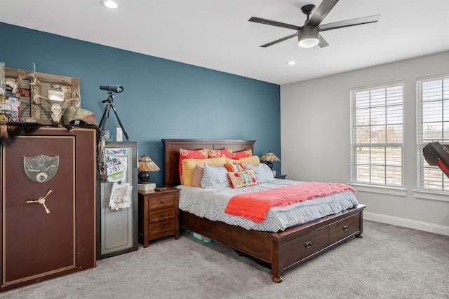 bedroom featuring carpet flooring, recessed lighting, baseboards, and ceiling fan